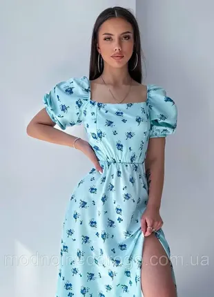 Женское приталенное миди платье софт, в цветочный принт, с разрезом на ножке и открытой спиной1 фото