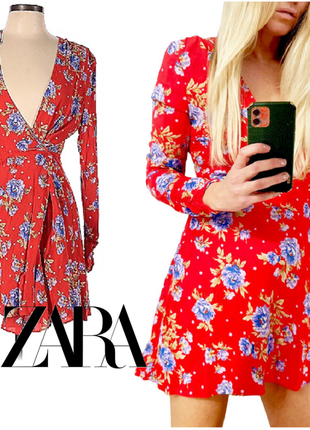 Zara чудова червона сукня квітковий прінт віскоза плаття на запах