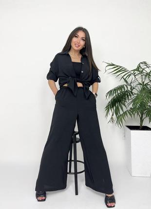Костюм черный хаки бежевый брюки штаны палаццо широкие с разрезами расклешенные рубашка блуза кофта кардиган6 фото
