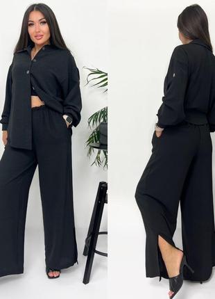 Костюм черный хаки бежевый брюки штаны палаццо широкие с разрезами расклешенные рубашка блуза кофта кардиган10 фото