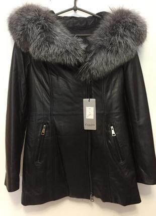 Натуральна шкіряна куртка з опушкою чорнобурки на хутряній підстібці кролика3 фото