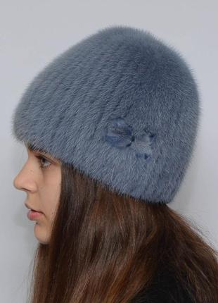 Женская зимняя норковая шапка шарик украшение джинс2 фото