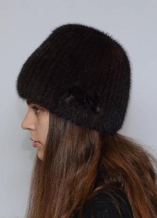 Женская зимняя норковая шапка шарик украшение браун(орех)2 фото