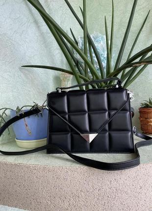 Женская сумка сумочка матовая через плечо плитка эко кожаная из искусственно кожи черная стильная модная крутая