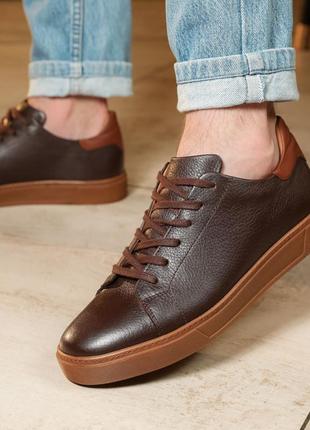Стильные классические мужские коричневые кеды/кроссовки на весну, осень, кожаные/кожа-мужская обувь7 фото