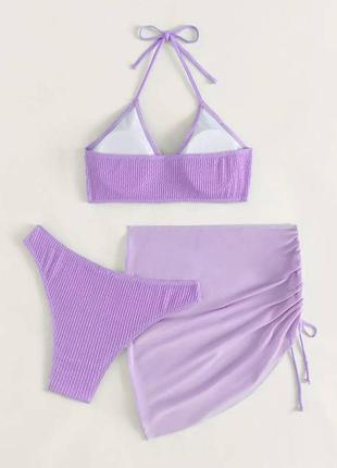 Жіночий купальник жатка фіолетовий трійка 3в1 з юбкою парео на затяжці топ ліф з чашками4 фото