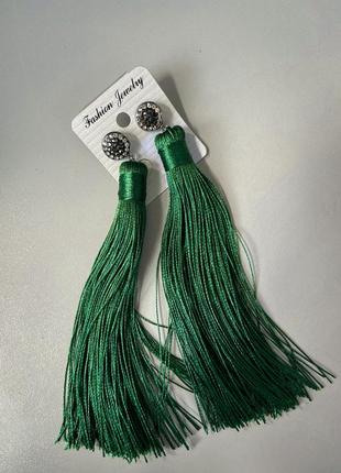 Длинные серьги -кисти (изумрудные, зеленые)1 фото