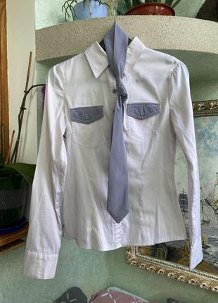 Kalicyu рубашка хлопковая для девочки или мальчика в школу белая с галстуком в синюю полоску