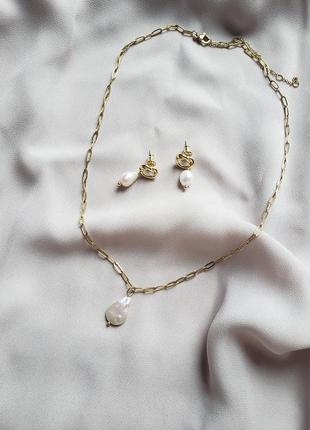 Новий набір намисто сережки тренд комплект підвіска кольє shein золоті перлини перли2 фото
