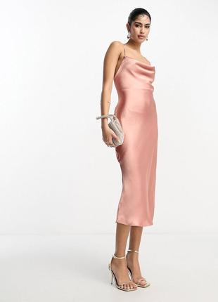Платье миди в бельевом стиле с разрезом на ножке розовое золото3 фото
