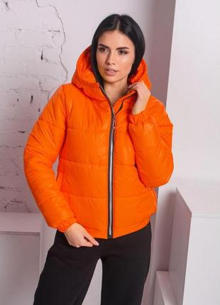 Куртка женская короткая демисезонная оранжевая, куртка пуффер весенняя с капюшоном весна осень