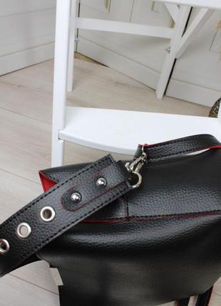 Женская стильная, качественная, модная сумочка из эко кожи на 3 отдела черная с красным5 фото