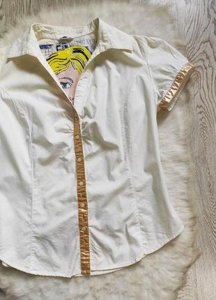 Белая натуральная хлопок рубашка блуза короткий рукав с принтом рисунком на спине4 фото
