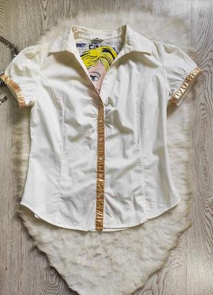 Белая натуральная хлопок рубашка блуза короткий рукав с принтом рисунком на спине2 фото