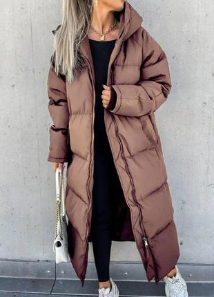 Куртка зимова жіноча довга з капюшоном цвіт мокко, куртка міді, якісна тепла, стьобана куртка1 фото