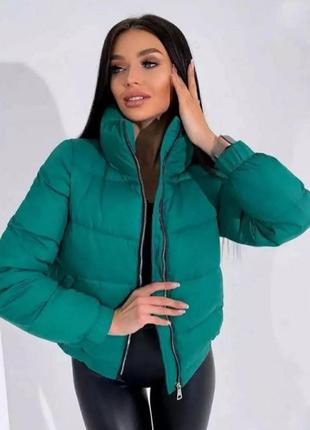 Теплая весенняя женская куртка, плащевка, качественная лаке, зеленая короткая дутая куртка1 фото