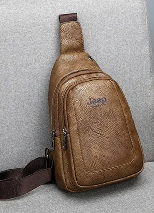 Мужская бананка кожаная сумка на грудь борсетка на плечо кроссбоди слинг jeep1 фото