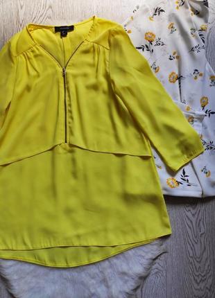 Желтая блуза с замочком молния на декольте шифон длинная туника с рукавами секси вырез3 фото