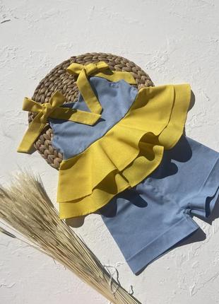 Льняной костюм патриотический топ и шорты лен желтый и голубой
