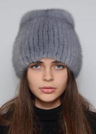 Жіноча зимове норкова шапка кубанка хвостик сапфір1 фото