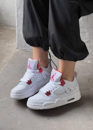 Кожаные кроссовки nike air jordan 4.цвет белый с красным. унисекс