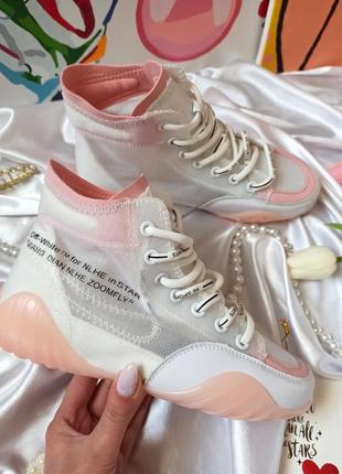 Высокие кеды / летние легкие кроссовки белые с розовым3 фото