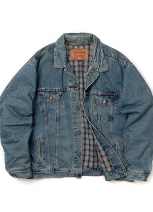 Levis 70699-0389 vintage 90s type3 blue plaid flannel lined trucker denim jacket (1998) мужская джинсовая куртка1 фото