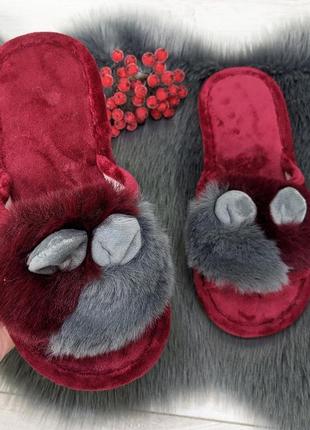 Капці жіночі домашні з хутром і вушками з відкритим носком 41665 фото