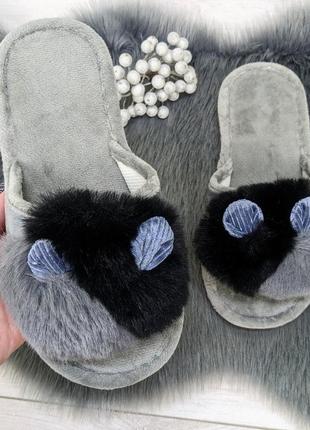 Капці жіночі домашні з хутром і вушками з відкритим носком 416610 фото