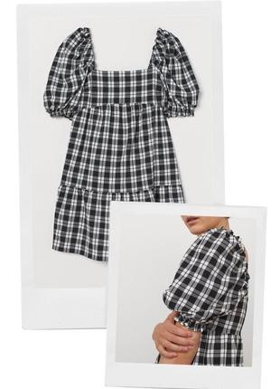 Ярусное мини платье в клетку h&amp;m divided с квадратным вырезом babydoll объемные рукава буф1 фото