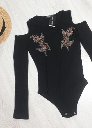 Боді з довгим рукавом/боді з вишивкою/чорне базове боді від select fashion3 фото