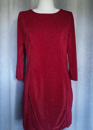 Жіноча велюрова ошатна вечірня новорічна сукня, блискуче яскраво-червоне плаття з люрексом.1 фото