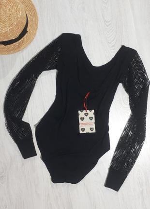 Класичне чорне боді/боді з рукавами сітка/боді сітка /боді з довгим рукавом