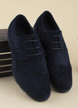 Мужские темно-синие туфли из эко замша на шнуровке