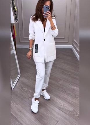 Женский деловой стильный классный классический удобный модный трендовый костюм модный брюки штаны штанишки и + пиджак белая бежевый3 фото