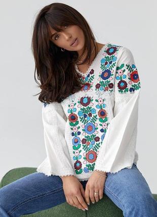 Этническая женская блуза вышиванка с цветочным орнаментом/ блуза с кружевом турция s