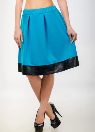 Женская юбка - колокол со вставкой из кожзама, голубой1 фото