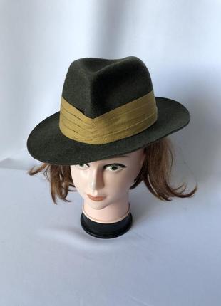 Шляпа гангстерская цвет хаки с широкой лентой шерсть федора2 фото