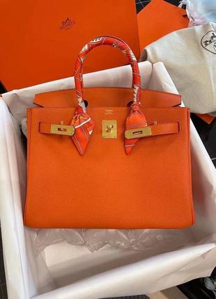 Сумка шоппер женская кожаная оранжевая брендовая в стиле эрме хермес hermes