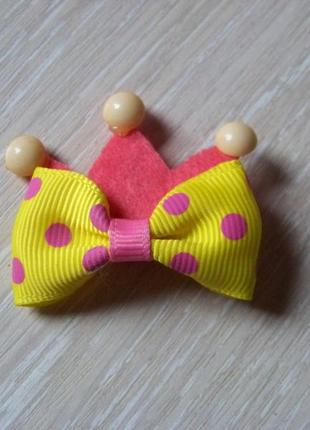 Заколка-бант-корона дитяча текстильна жовто-рожева1 фото
