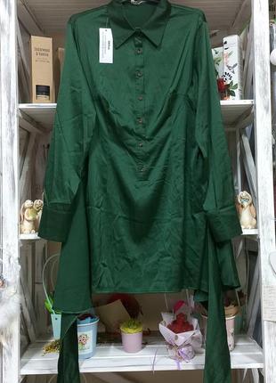 Платье рубашка атласное зеленого цвета