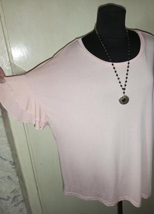 Женственная,трикотаж-масло,персиковая блузка-футболка с воланами,большого размера1 фото