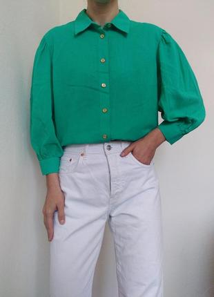 Хлопковая рубашка зеленая блуза с объемными рукавами винтажная рубашка коттон блузка винтаж яркая рубашка винтажная блуза хлопок блузка6 фото