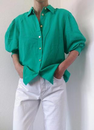 Хлопковая рубашка зеленая блуза с объемными рукавами винтажная рубашка коттон блузка винтаж яркая рубашка винтажная блуза хлопок блузка3 фото