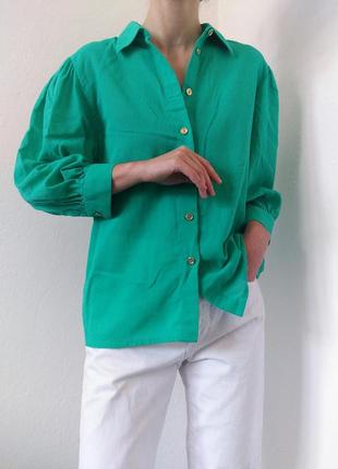 Хлопковая рубашка зеленая блуза с объемными рукавами винтажная рубашка коттон блузка винтаж яркая рубашка винтажная блуза хлопок блузка5 фото