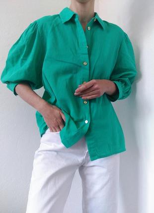 Хлопковая рубашка зеленая блуза с объемными рукавами винтажная рубашка коттон блузка винтаж яркая рубашка винтажная блуза хлопок блузка2 фото