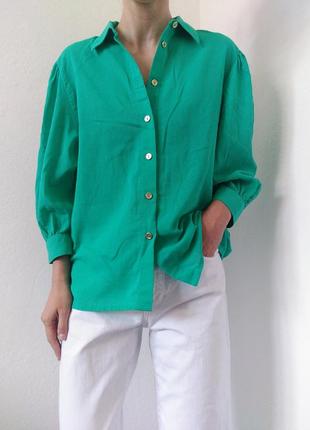 Хлопковая рубашка зеленая блуза с объемными рукавами винтажная рубашка коттон блузка винтаж яркая рубашка винтажная блуза хлопок блузка7 фото