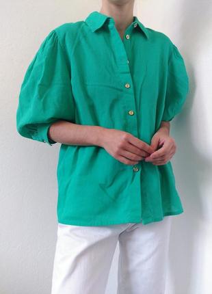 Хлопковая рубашка зеленая блуза с объемными рукавами винтажная рубашка коттон блузка винтаж яркая рубашка винтажная блуза хлопок блузка4 фото