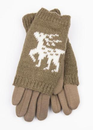 Подростковые трикотажные стрейчевые перчатки для сенсорных телефонов с оленями  (арт.18-1-33) бежевый
