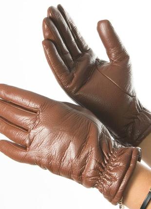 Женские перчатки из экокожи со сборкой на манжете № 19-1-58-3 коричневый s